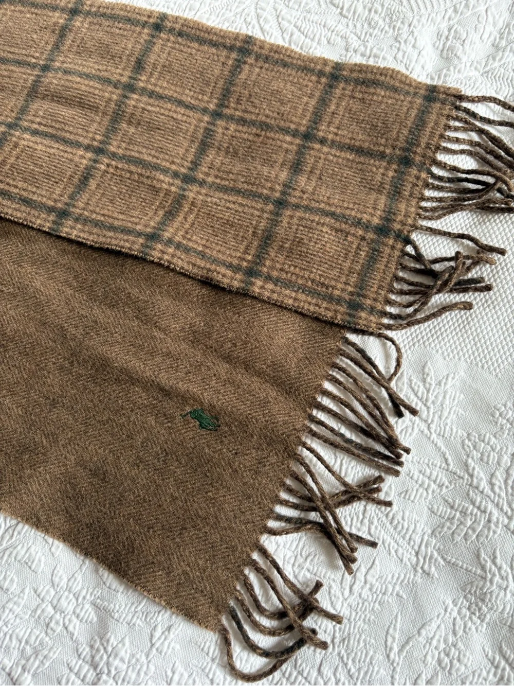 Polo Ralph Lauren lambswool wool plaid reversible scarf unisex fringe brown